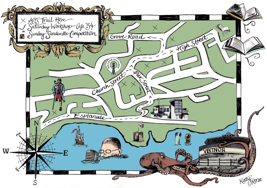 Hand-drawn map designed for Isle of Arts Festival to guide the observer to each venue on the Arts Trail.