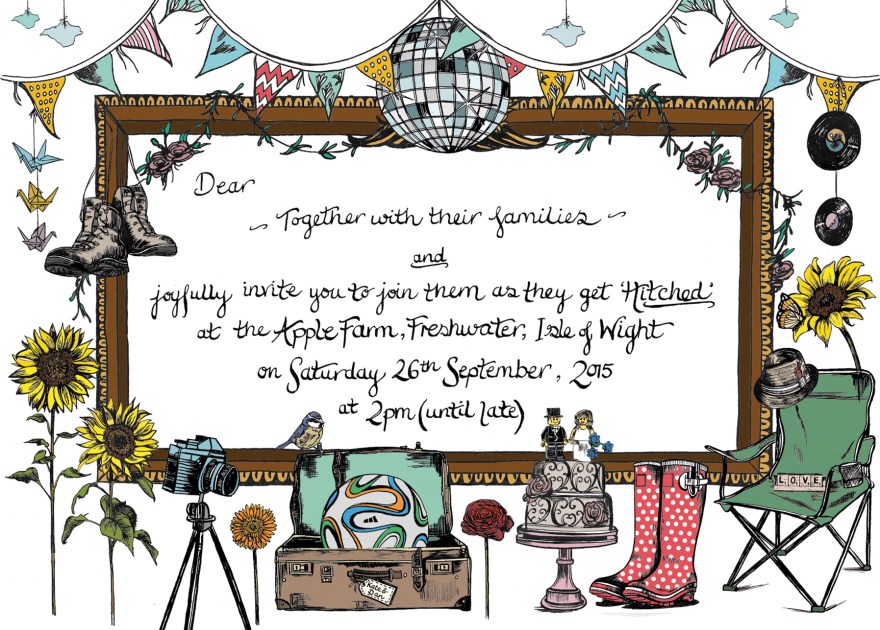 Wedstival' a hand drawn, tailored wedding invitation inspired by the bride and groom.. featuring a few of their favourite things.
