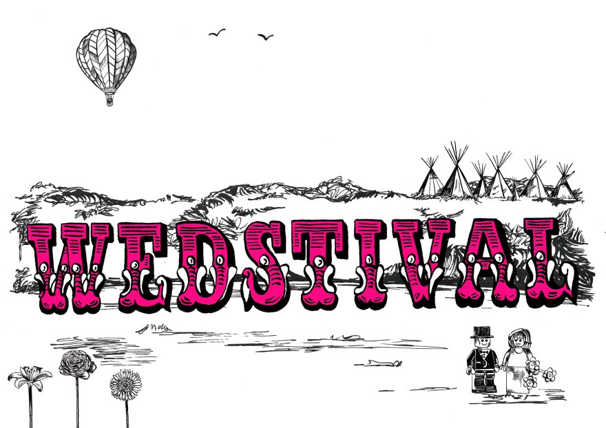 Wedstival' a hand drawn, tailored wedding invitation inspired by the bride and groom.. featuring a few of their favourite things.